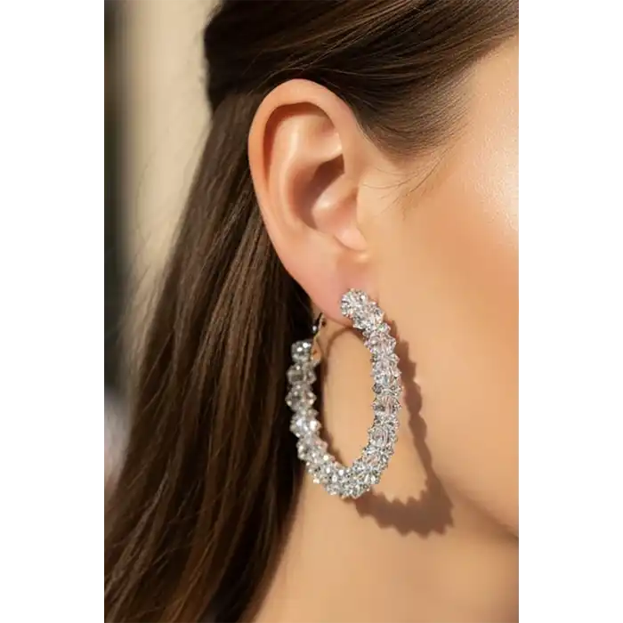 Gümüş Renk Taş Detaylı 14k Altın Kaplama Halka Küpe (Çift)