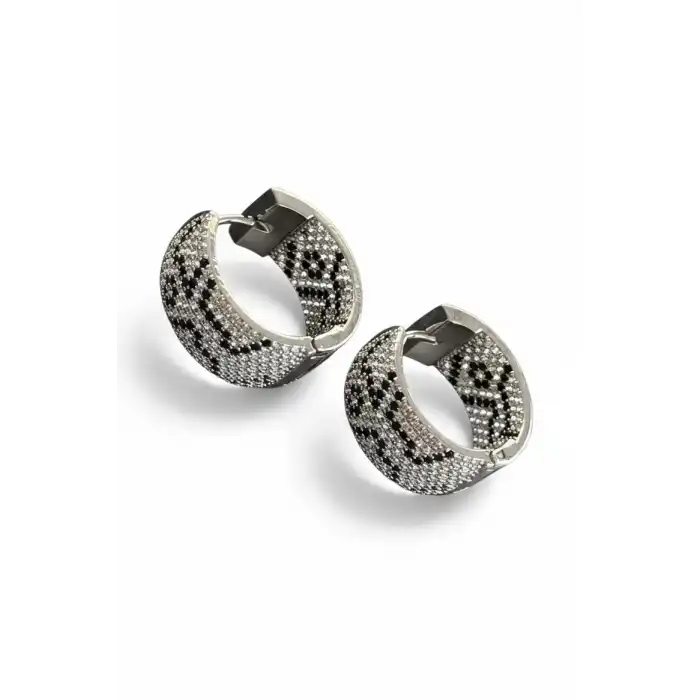 Gümüş Renk Taş Detaylı 14K Altın Kaplama Halka Küpe (Çift)