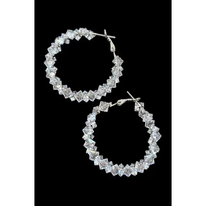 Gümüş Renk Taş Detaylı 14k Altın Kaplama Halka Küpe (Çift)