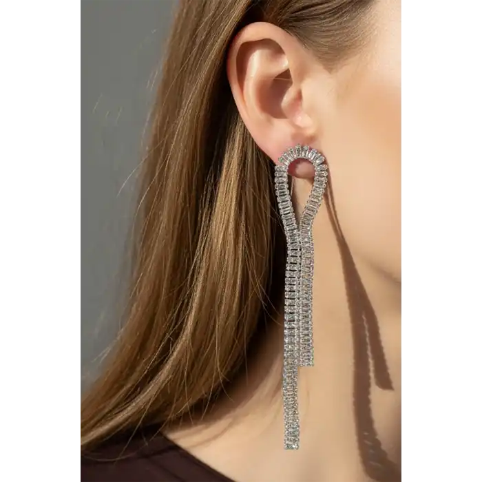 Gümüş Renk Taş Detaylı 14K Altın Kaplama Küpe (Çift)