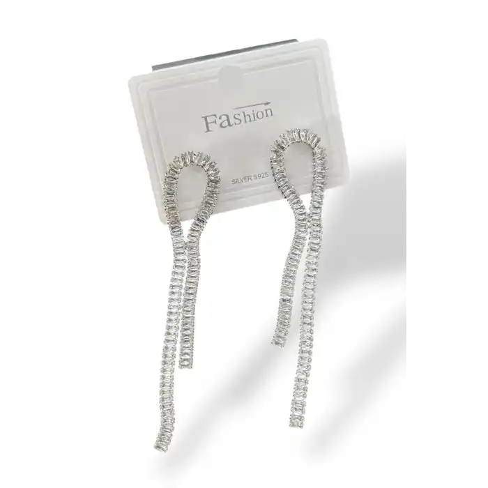 Gümüş Renk Taş Detaylı 14K Altın Kaplama Küpe (Çift)