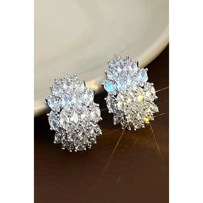 Gümüş Renk Taş Detaylı 14K Altın Kaplama Küpe (Çift)