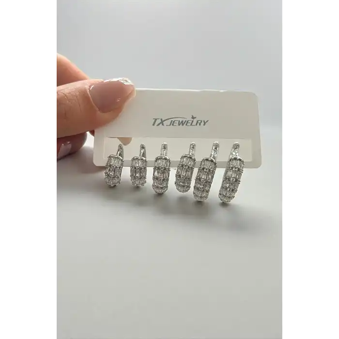 Gümüş Renk Taş Detaylı 14K Altın Kaplama TX 6lı Halka Küpe Set