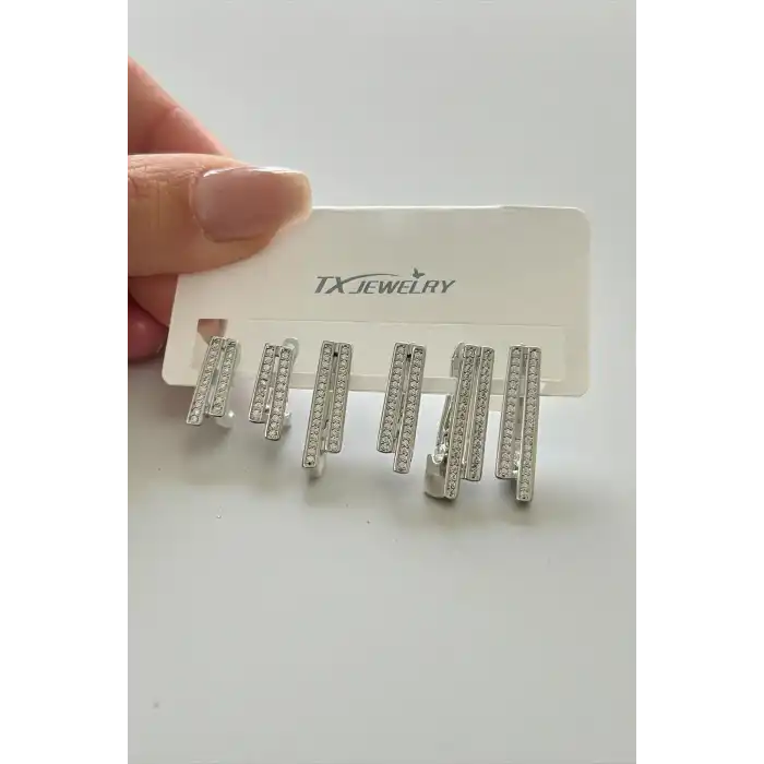 Gümüş Renk Taş Detaylı 14K Altın Kaplama TX 6lı Küpe Set