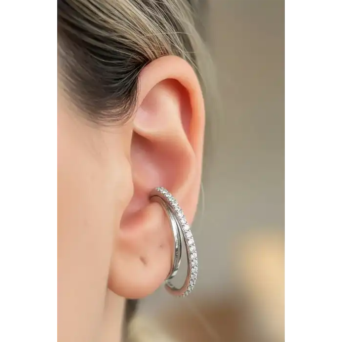 Gümüş Renk Taş Detaylı 14K Altın Kaplama TX Ear Cuff (Tek)