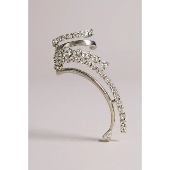 Gümüş Renk Taş Detaylı 14K Altın Kaplama TX Ear Cuff (Tek)