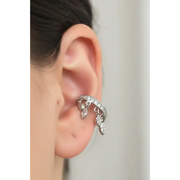 Gümüş Renk Taş Detaylı 14K Altın Kaplama TX Ear Cuff (Tek)