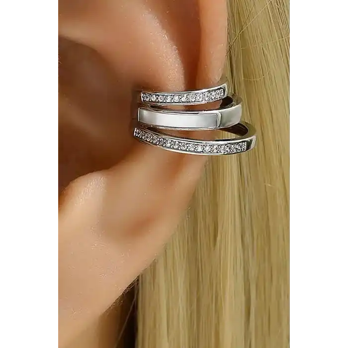 Gümüş Renk Taş Detaylı 14K Altın Kaplama TX Ear Cuff (Tek)