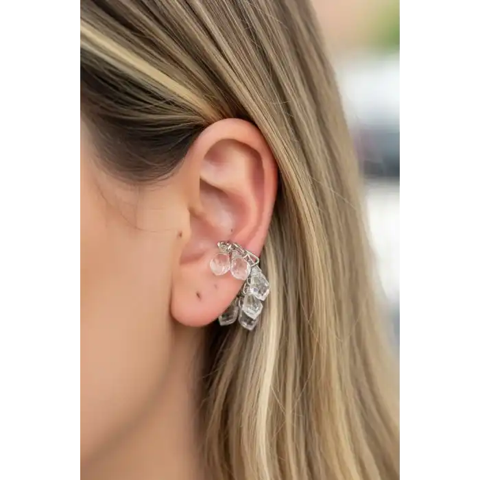 Gümüş Renk Taş Detaylı 14K Altın Kaplama TX Ear Cuff (Tek)