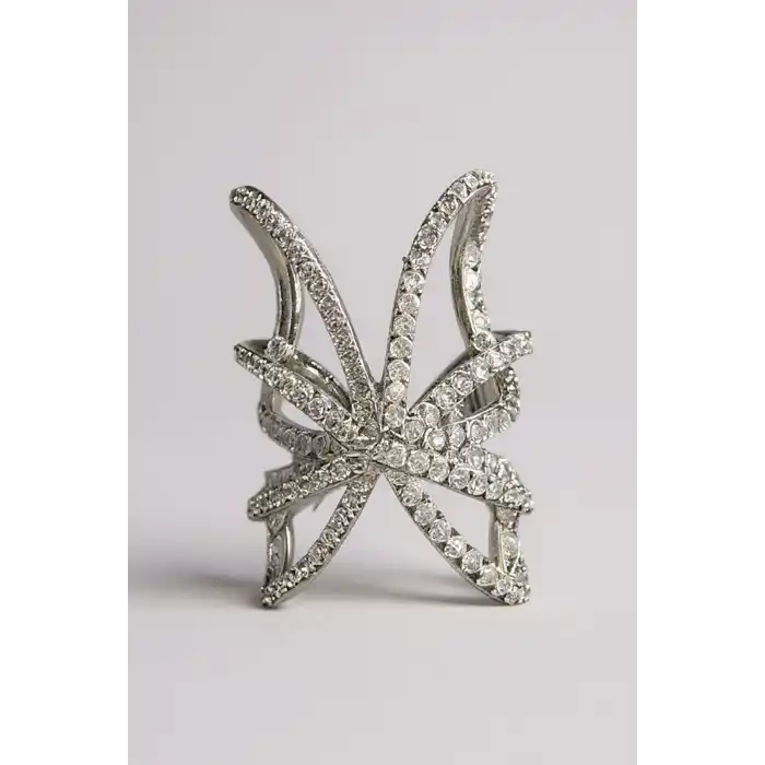 Gümüş Renk Taş Detaylı 14K Altın Kaplama TX Ear Cuff (Tek)