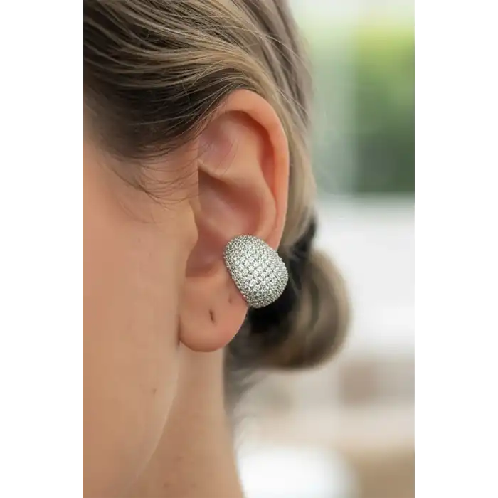 Gümüş Renk Taş Detaylı 14K Altın Kaplama TX Ear Cuff (Tek)