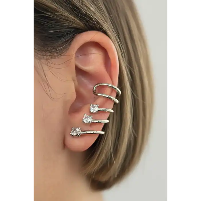 Gümüş Renk Taş Detaylı 14K Altın Kaplama TX Ear Cuff (Tek)