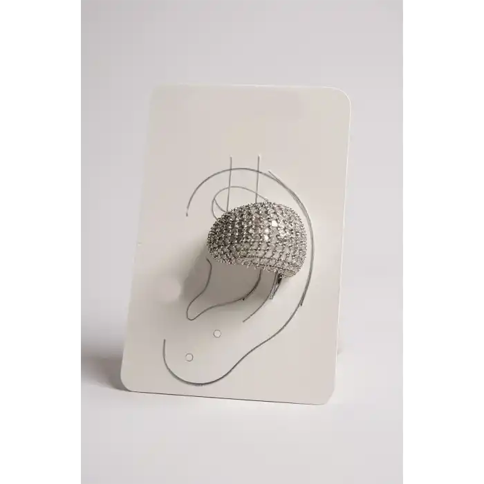 Gümüş Renk Taş Detaylı 14K Altın Kaplama TX Ear Cuff (Tek)