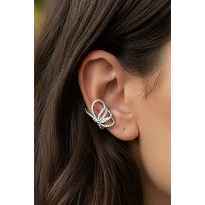 Gümüş Renk Taş Detaylı 14K Altın Kaplama TX Ear Cuff (Tek)