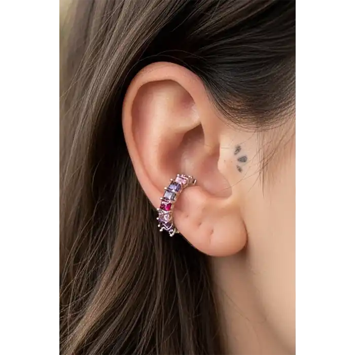 Gümüş Renk Taş Detaylı 14K Altın Kaplama TX Ear Cuff (Tek)