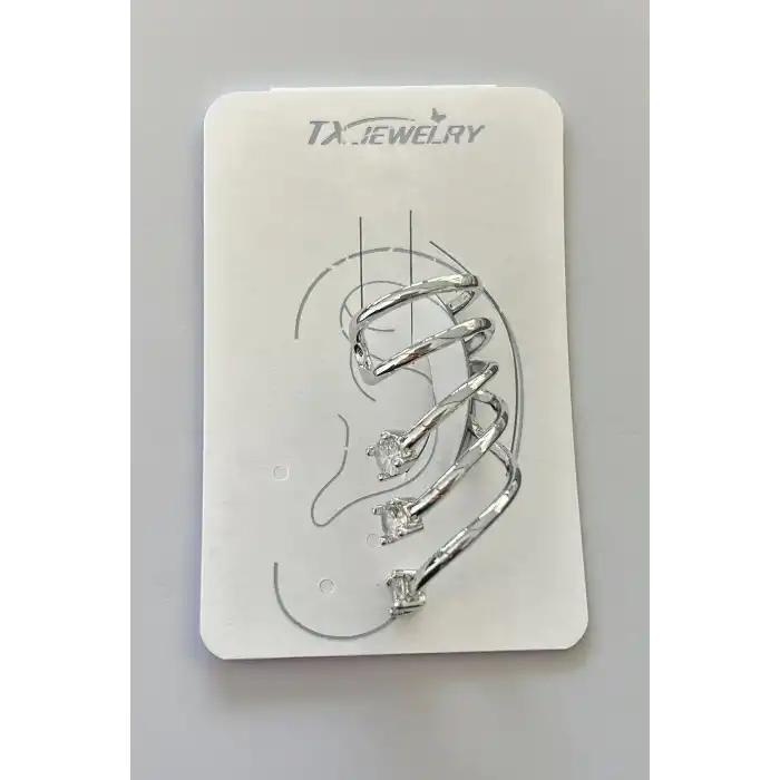 Gümüş Renk Taş Detaylı 14K Altın Kaplama TX Ear Cuff (Tek)