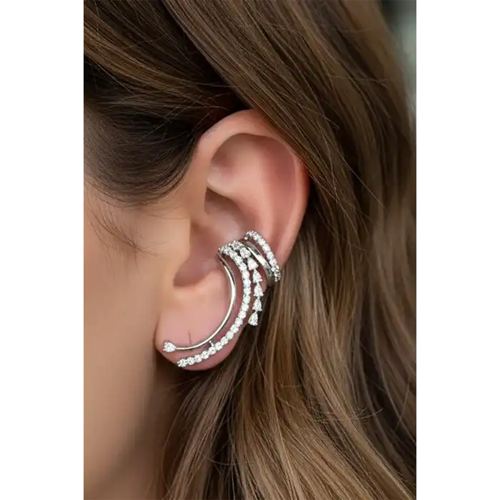 Gümüş Renk Taş Detaylı 14K Altın Kaplama TX Ear Cuff (Tek)