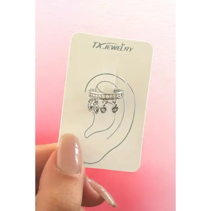 Gümüş Renk Taş Detaylı 14K Altın Kaplama TX Ear Cuff (Tek)