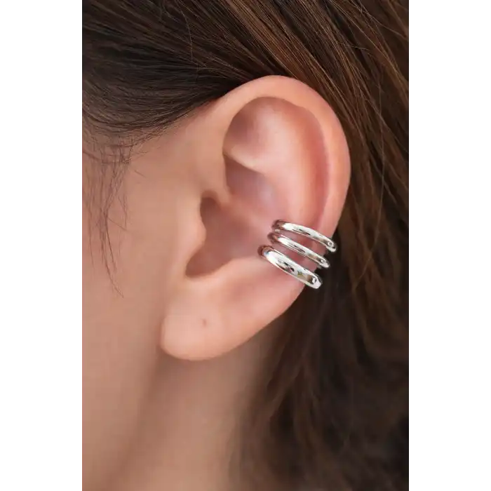 Gümüş Renk Taş Detaylı 14K Altın Kaplama TX Ear Cuff (Tek)