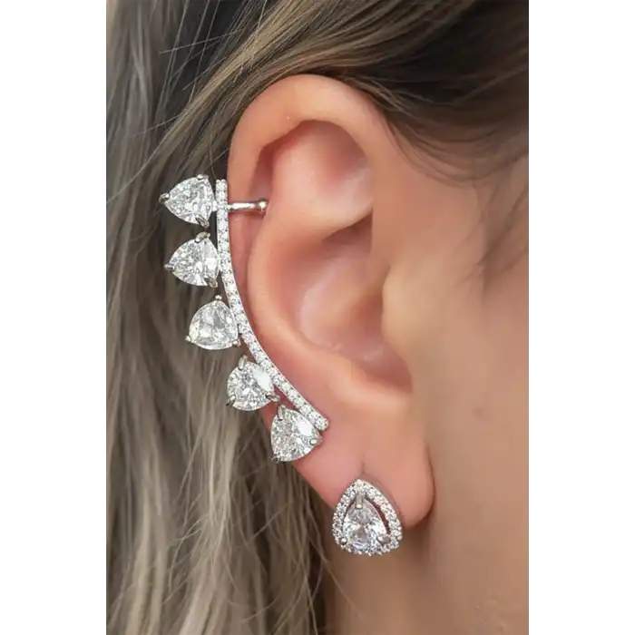 Gümüş Renk Taş Detaylı 14K Altın Kaplama TX Ear Cuff Ve Küpe Set (Tek)