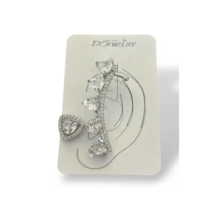 Gümüş Renk Taş Detaylı 14K Altın Kaplama TX Ear Cuff Ve Küpe Set (Tek)