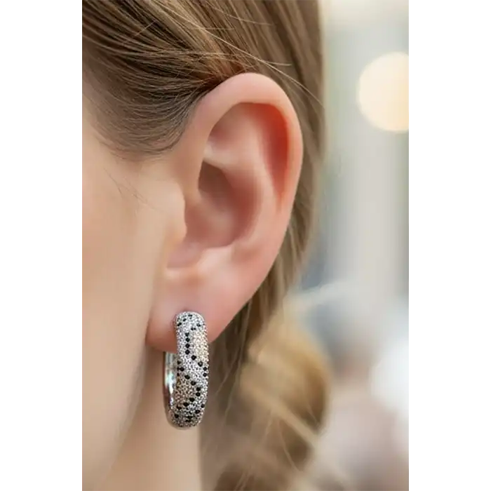 Gümüş Renk Taş Detaylı 14K Altın Kaplama TX Halka Küpe (Çift)