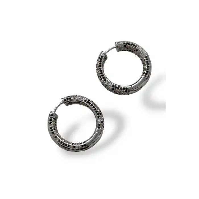 Gümüş Renk Taş Detaylı 14K Altın Kaplama TX Halka Küpe (Çift)