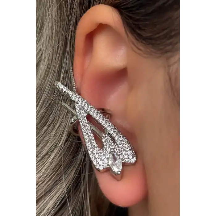 Gümüş Renk Taş Detaylı 14K Altın Kaplama TX Kulak Aksesuarı (Tek)