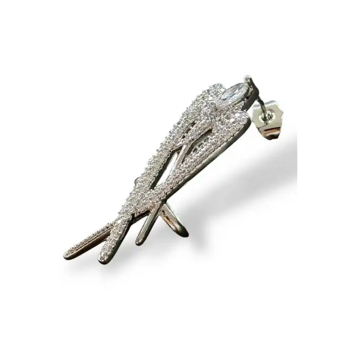 Gümüş Renk Taş Detaylı 14K Altın Kaplama TX Kulak Aksesuarı (Tek)