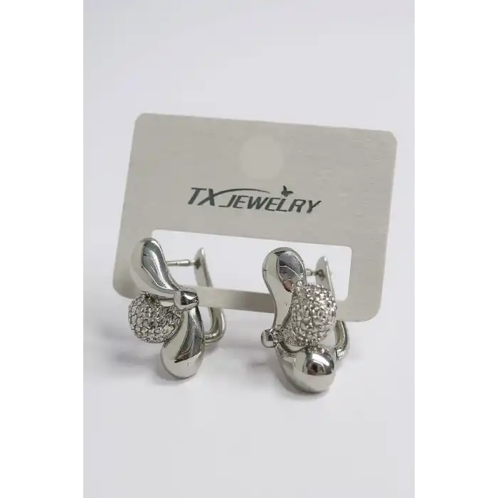 Gümüş Renk Taş Detaylı 14K Altın Kaplama TX Küpe (Çift)