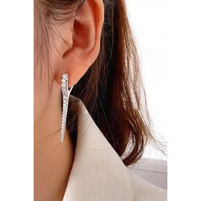 Gümüş Renk Taş Detaylı 14K Altın Kaplama TX Küpe (Çift)