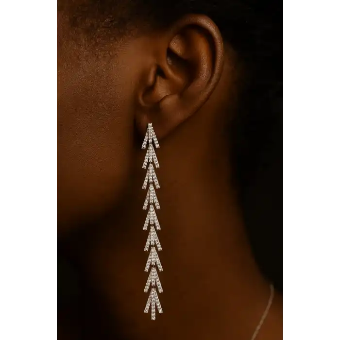 Gümüş Renk Taş Detaylı 14K Altın Kaplama TX Küpe (Çift)