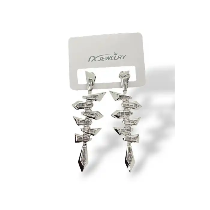 Gümüş Renk Taş Detaylı 14K Altın Kaplama TX Küpe (Çift)