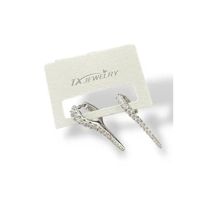 Gümüş Renk Taş Detaylı 14K Altın Kaplama TX Küpe (Çift)