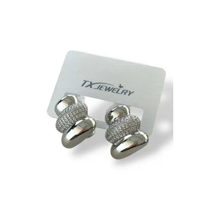 Gümüş Renk Taş Detaylı 14K Altın Kaplama TX Küpe (Çift)