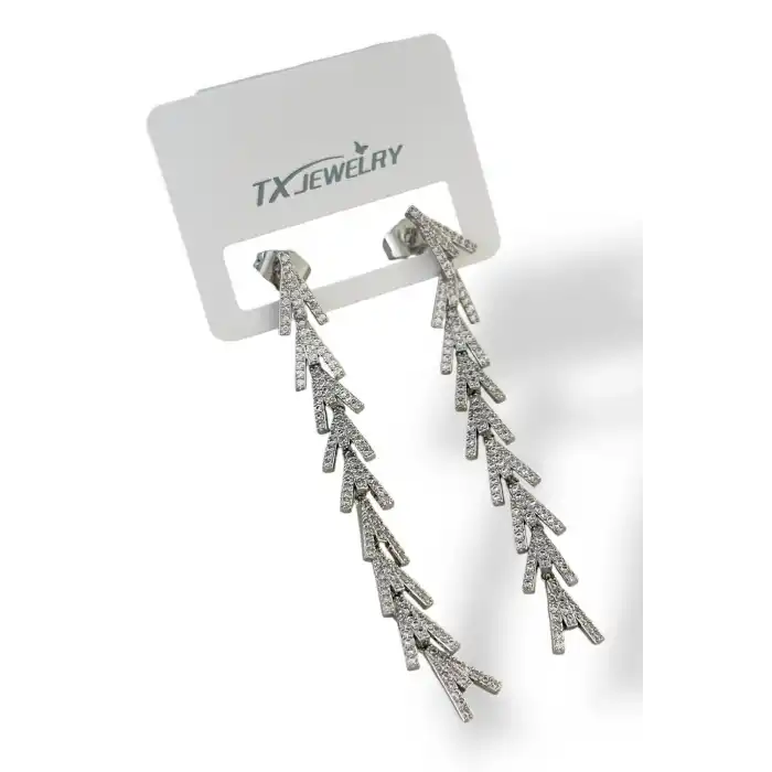 Gümüş Renk Taş Detaylı 14K Altın Kaplama TX Küpe (Çift)