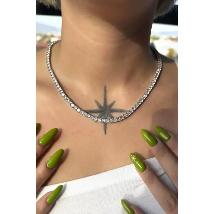 Gümüş Renk Taş Detaylı 14K Altın Kaplama VİP Kolye