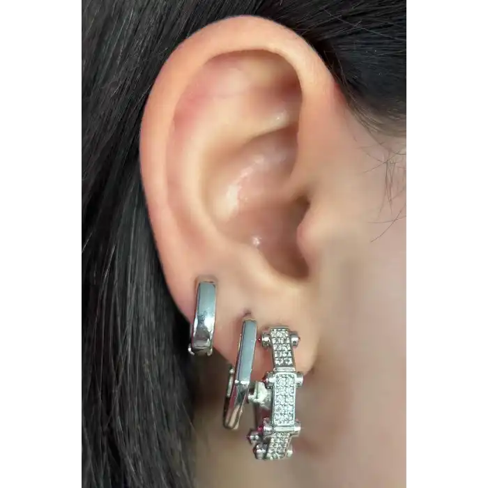 Gümüş Renk Taş Detaylı 3lü YSX Halka Küpe Set