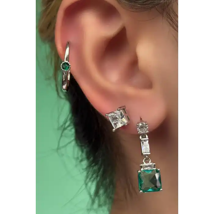 Gümüş Renk Taş Detaylı 3lü YSX Küpe Set