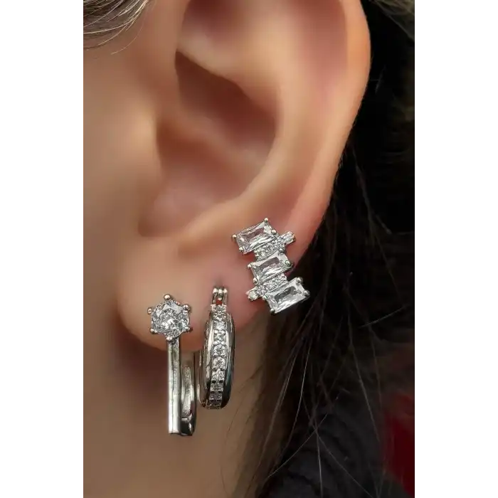 Gümüş Renk Taş Detaylı 3lü YSX Küpe Set