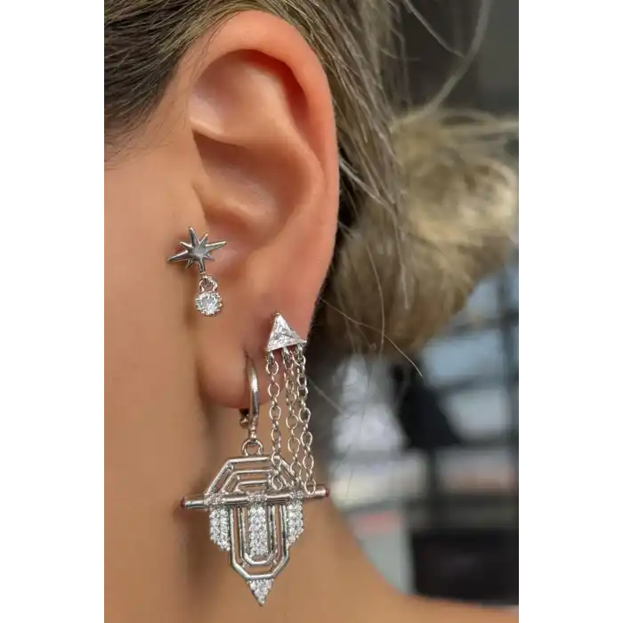 Gümüş Renk Taş Detaylı 3lü YSX Küpe Set