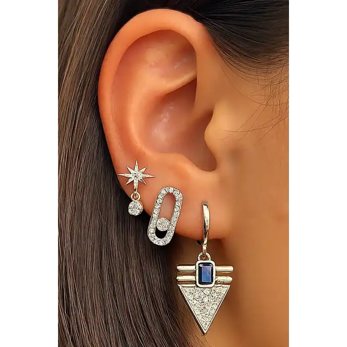 Gümüş Renk Taş Detaylı 3lü YSX Küpe Set