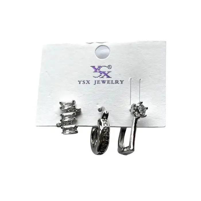 Gümüş Renk Taş Detaylı 3lü YSX Küpe Set