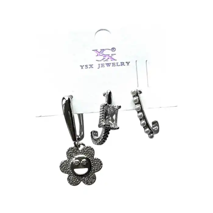 Gümüş Renk Taş Detaylı 3lü YSX Küpe Set