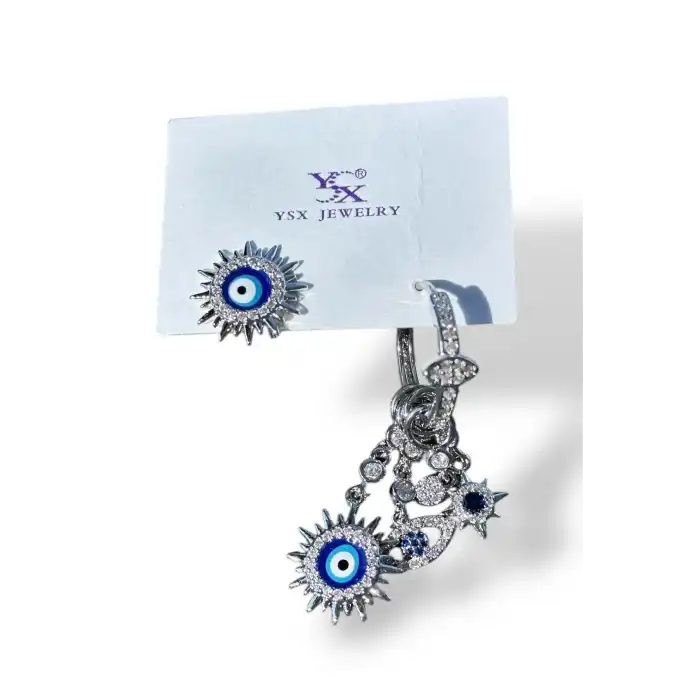 Gümüş Renk Taş Detaylı 3lü YSX Küpe Set