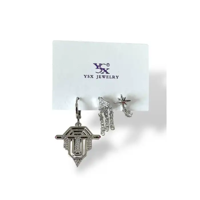 Gümüş Renk Taş Detaylı 3lü YSX Küpe Set