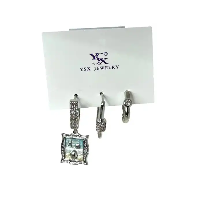 Gümüş Renk Taş Detaylı 3lü YSX Küpe Set