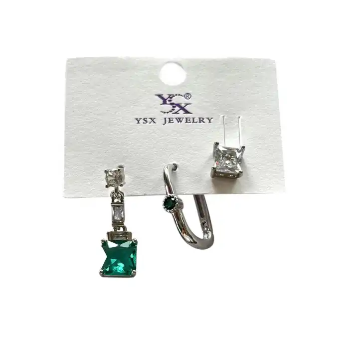 Gümüş Renk Taş Detaylı 3lü YSX Küpe Set