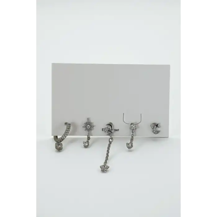 Gümüş Renk Taş Detaylı 5li Küpe Set