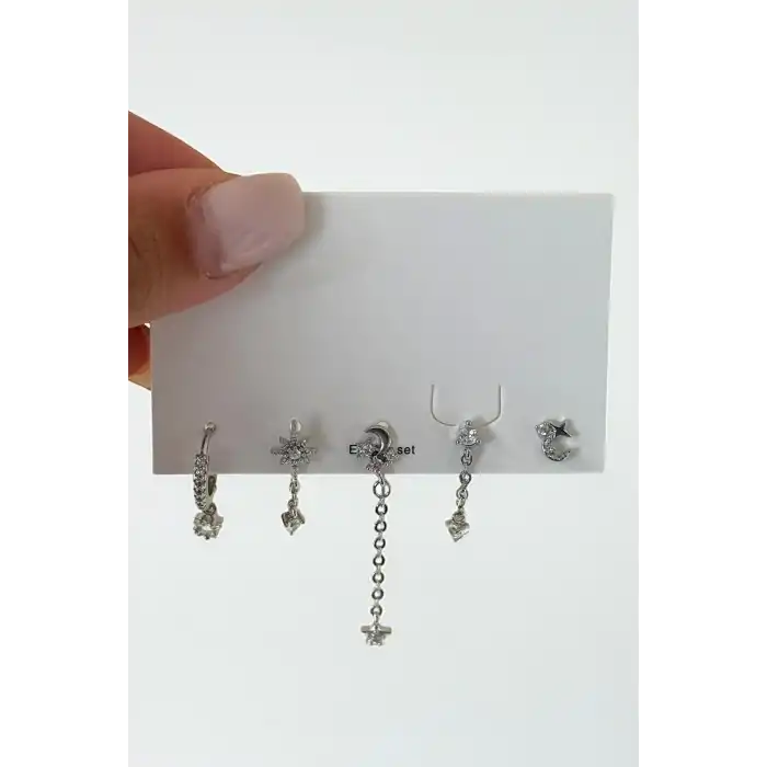 Gümüş Renk Taş Detaylı 5li Küpe Set